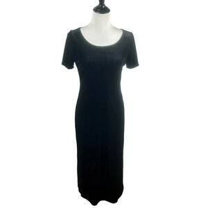 Vintage Studio Ease Velvet Dress Women 8 Petite Black Midi Stretch Short Sleeves